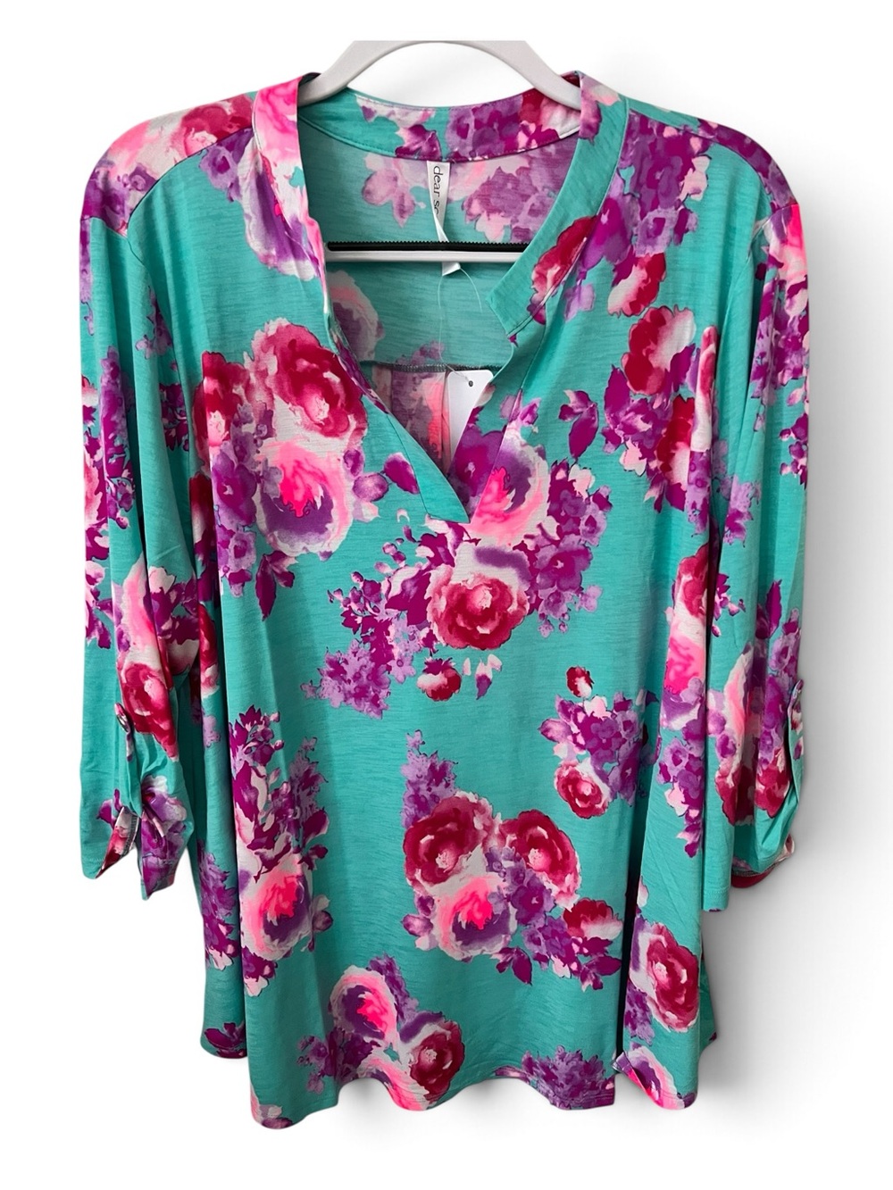 Dear Scarlett Plus size V-Neck Floral Tunic Top in Teal, Pink & Purple